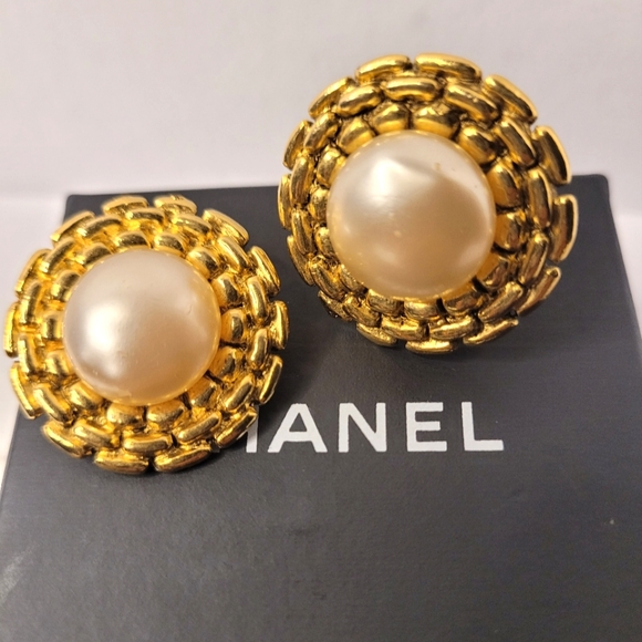 Chanel Gold-Tone Vintage Faux Pearl Clip Earrings